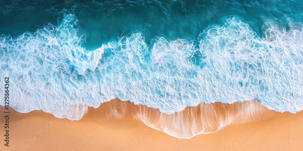 Aufkleber aerial view of turquoise ocean waves crashing onto a sandy beach creating white foam with soft beige