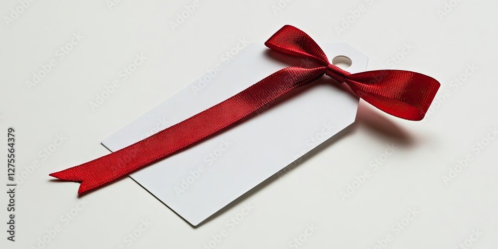Poster blank white gift tag adorned with a bright red ribbon positioned diagonally atop a soft white backgr