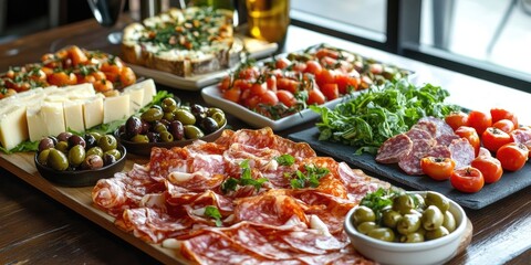 A vibrant charcuterie board featuring sliced meats, cheeses, olives, fresh tomatoes, and salad greens arranged artistically on wooden and stone platters.