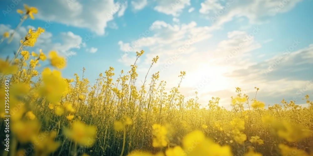 Poster vibrant rapeseed field with bright yellow flowers in the foreground against a serene blue sky and so