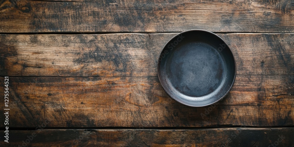 Aufkleber empty black circular dish centered on a rustic wooden table with a dark grain texture viewed from ab