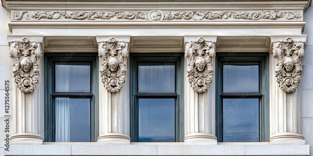 Poster elegant architectural facade featuring ornate stone carvings on three tall columns framing dark wind