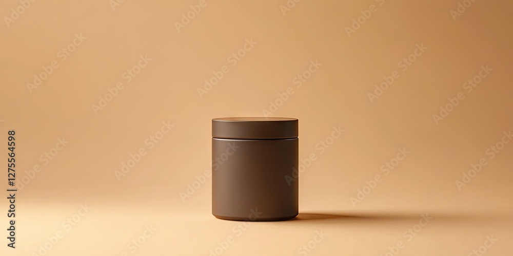 Poster brown plastic tea container centered on a beige background with soft shadows, highlighting the smoot
