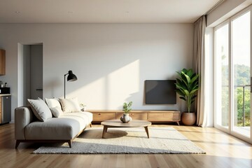 Fototapeta premium Spacious living room with modern furniture and natural light, interior, comfortable