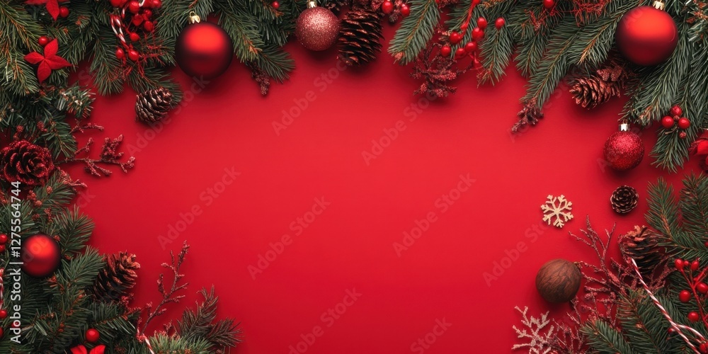 Aufkleber festive top view of vibrant red background with green fir branches pine cones and decorations creati