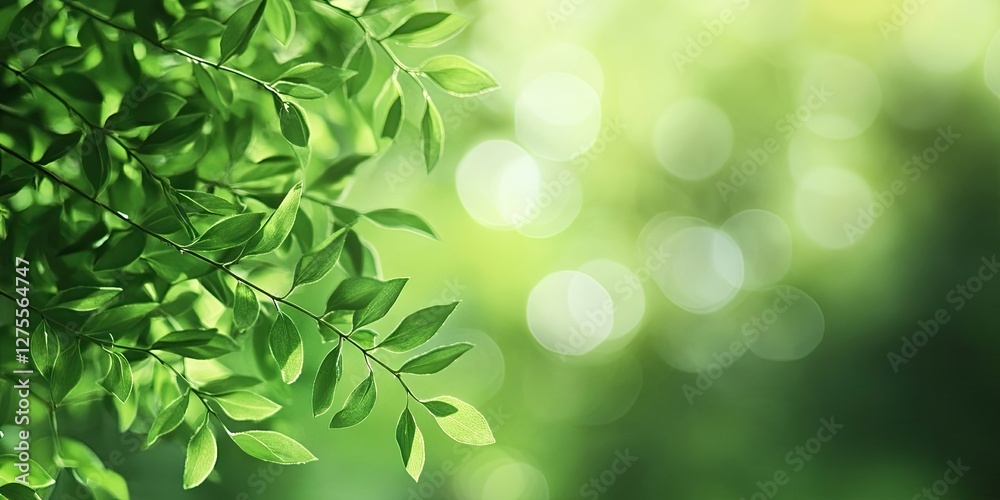 Poster lush green foliage with blurred bokeh effect in soft shades of green, highlighting delicate leaves i