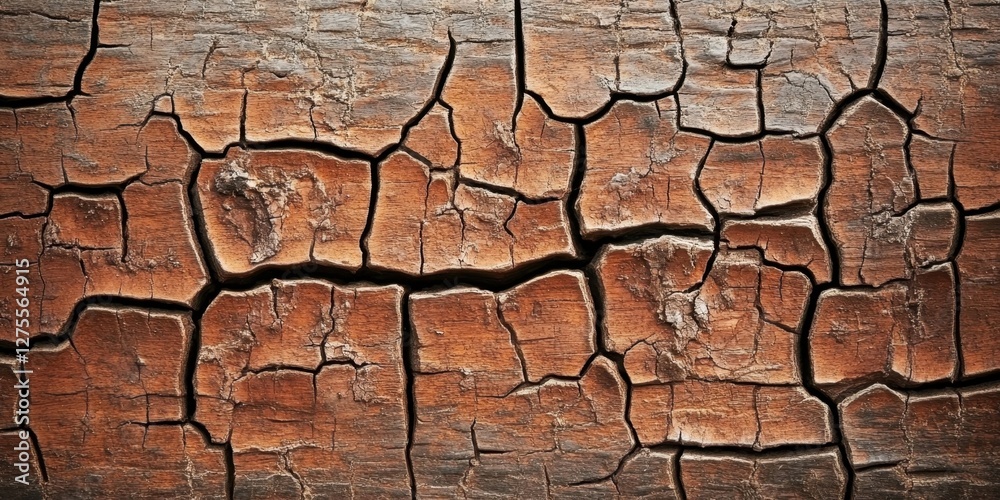 Aufkleber Textured aged wooden surface with deep cracks in rich brown tones, creating a weathered backdrop ideal for design and artistic projects.