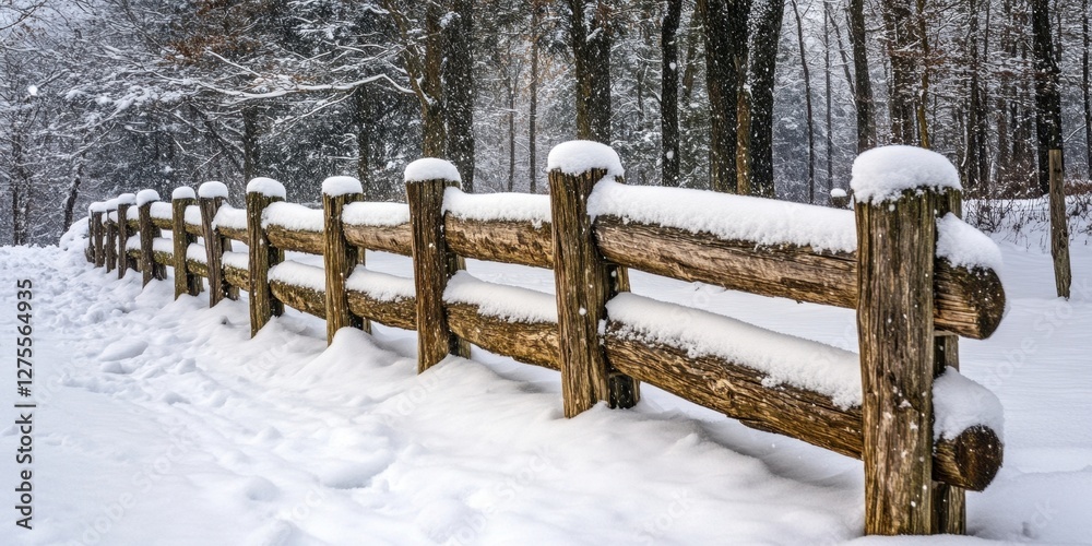 Poster serene winter landscape featuring a wooden fence covered in snow with log posts gently blanketed in 