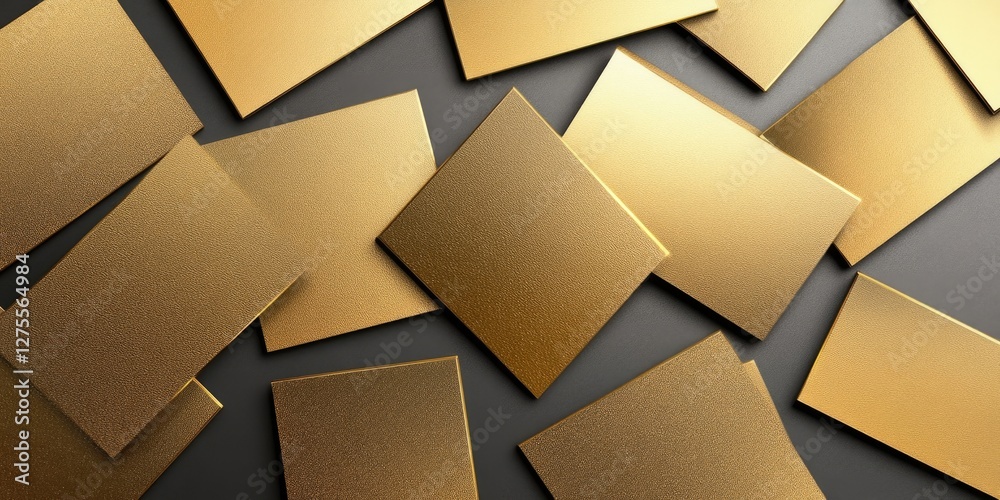 Poster Golden blank business cards scattered atop a dark gray background showcasing their shiny surfaces and smooth edges in a modern layout.