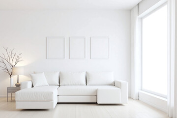 Fototapeta premium Modern living room white color scheme sofa chaise side table