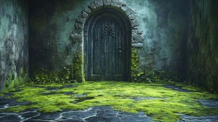 Mossy stone doorway, overgrown entryway, fantasy background, game asset