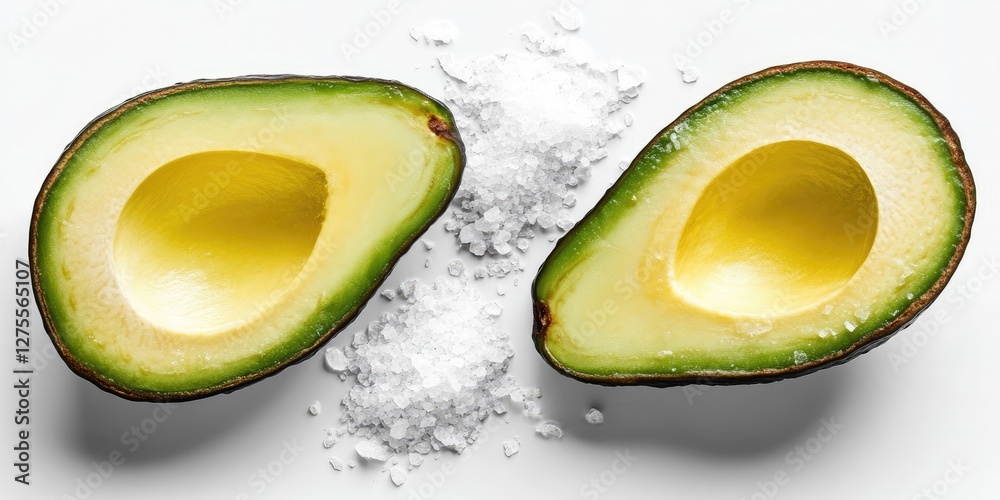 Poster fresh halved avocado with creamy yellow flesh placed on white background sprinkled with coarse salt 