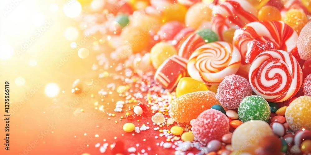 Poster Brightly lit background showcasing an assortment of colorful candies in the foreground with ample copy space in the top left for text and designs