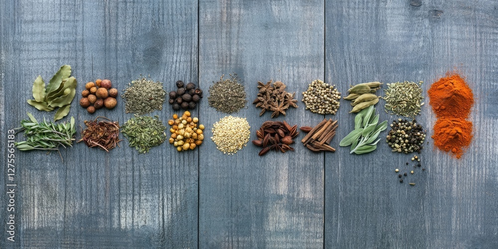 Poster assorted spices and herbs in varied textures and colors like green, brown, and orange on a gray wood