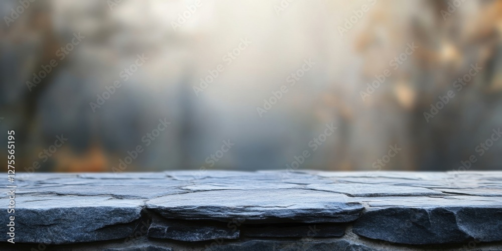 Leinwandbilder Stone table in the foreground against a blurred warm-toned forest background emphasizing the texture and color of the dark stone surface