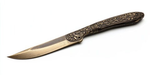 Obraz premium Vintage ornate knife with a detailed floral handle rests on a clean white surface, showcasing its aged brass blade and intricate craftsmanship.