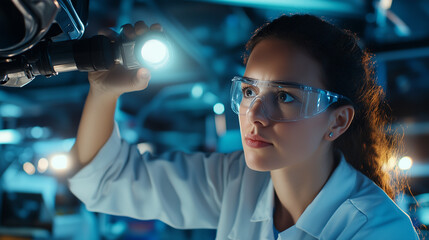 In a well-equipped automotive workshop, a female car mechanic uses a flashlight to closely examine a carâs undercarriage, her expertise evident in the focused, meticulous inspectio