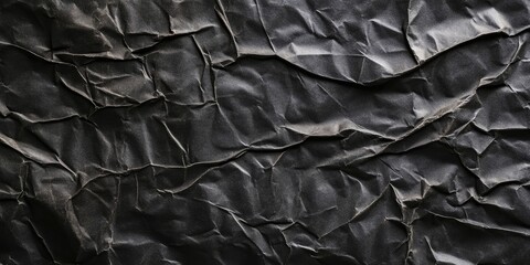 Fototapeta premium Crumpled black paper texture with deep shadows and subtle highlights provides an empty horizontal background with ample copy space for design use