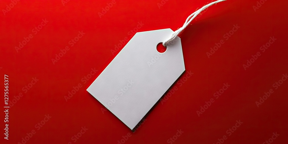 Poster White price tag with a hole on a vibrant red background, positioned centrally with a string attached, creating a striking contrast and focus.