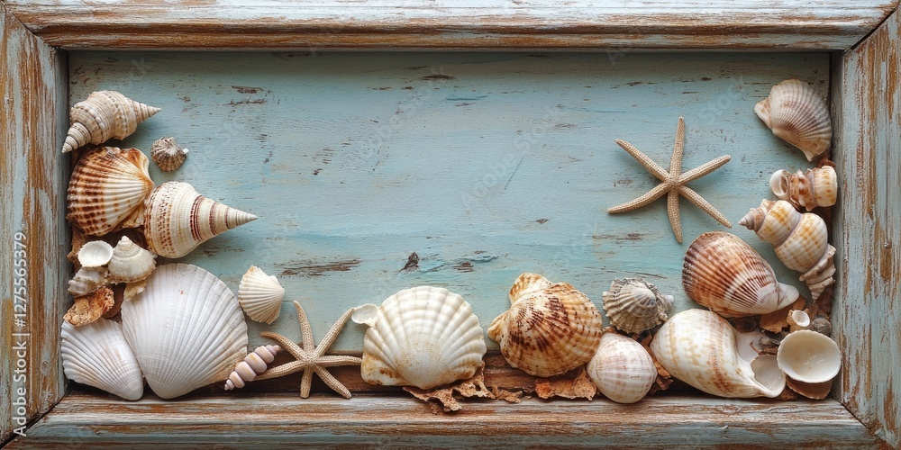 Poster Sea shells and starfish arranged on a rustic wooden frame with a textured blue background showcasing coastal beauty and natural elegance.