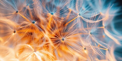 Abstract close-up of dandelion seeds in orange and blue tones, creating a dreamy, ethereal atmosphere with soft, wispy textures and light.
