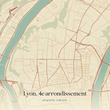 Vintage map of Lyon, 4e arrondissement, France.
