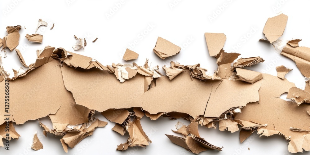 Leinwandbilder Fragmented pieces of torn brown cardboard scattered on a clean white surface showcasing texture and irregular shapes in horizontal layout