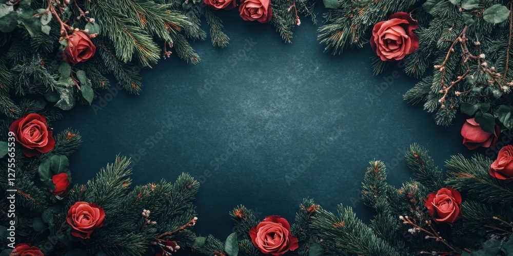 Poster Aerial view of dark background framed with lush spruce branches and vibrant red roses creating elegant festive border arrangement.