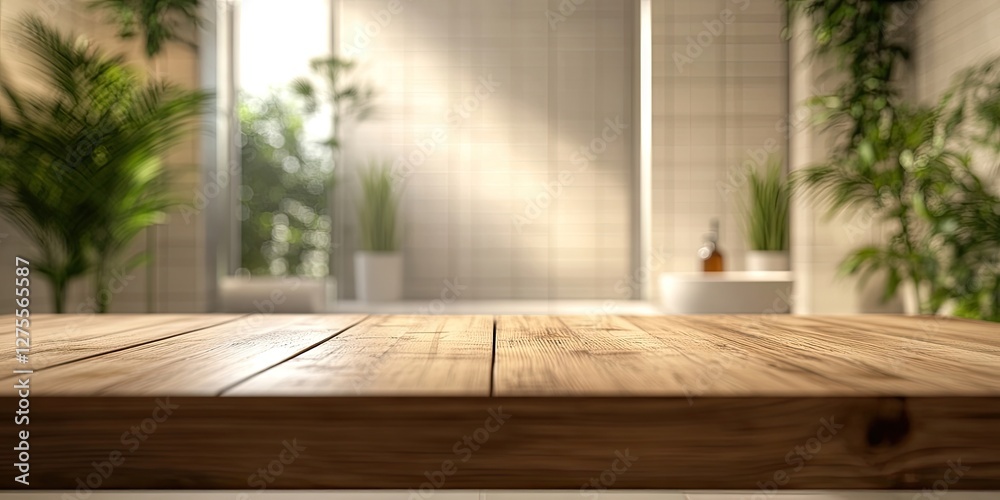 Leinwandbilder modern wooden tabletop in a bright indoor setting with soft focus greenery and contemporary decor in