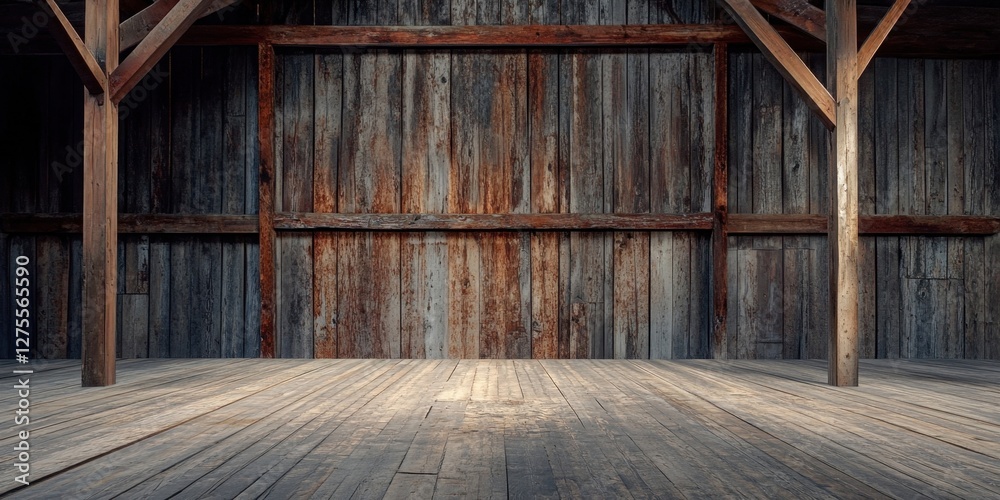 Leinwandbilder Rustic wooden backdrop featuring aged timber planks with a weathered finish and warm tones, positioned symmetrically with beams and space for design.