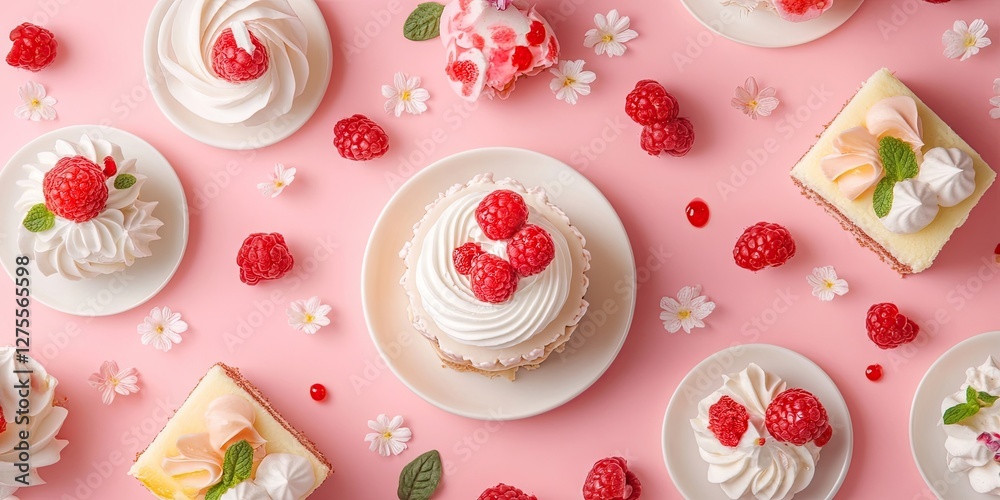 Aufkleber delightful bento cake with cream and raspberries surrounded by decorative desserts on a soft pink ba