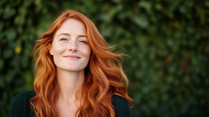 Obraz premium A redhead woman with flowing hair caught in the wind, her hair blowing across her face as she enjoys the outdoors in nature. The image focuses on her natural beauty, with the wind