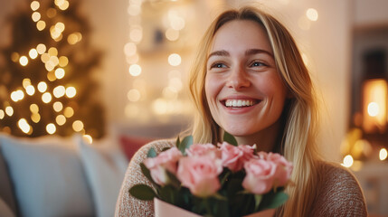 A smiling blonde woman in her living room, savoring the sweet scent of an exquisite bouquet of roses on Valentineâs Day. Her joyful expression reveals her appreciation for the eleg