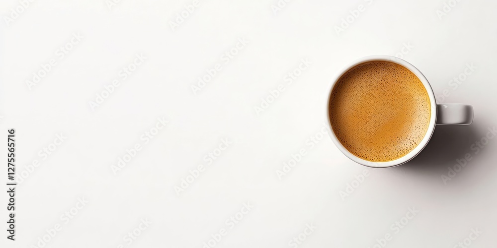 Poster Coffee cup filled with steaming brown coffee positioned in the center on a minimalistic white background with soft shadows for depth.