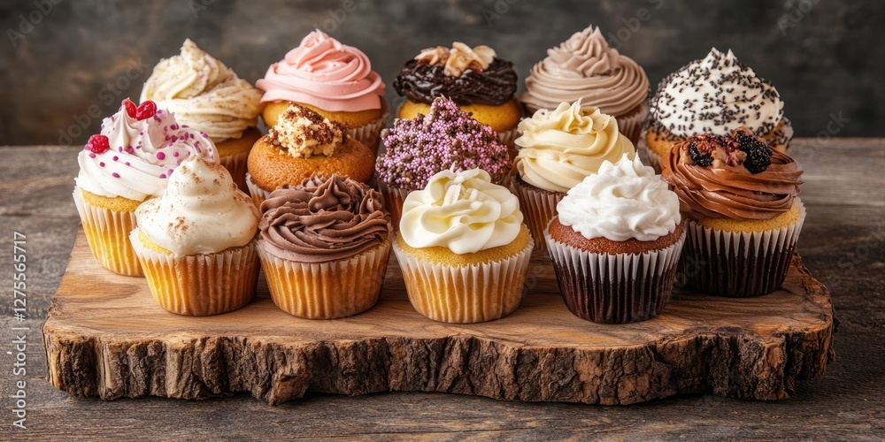 Poster Assorted colorful cupcakes creatively arranged on a rustic wooden board with various toppings and flavors in an appealing dessert display