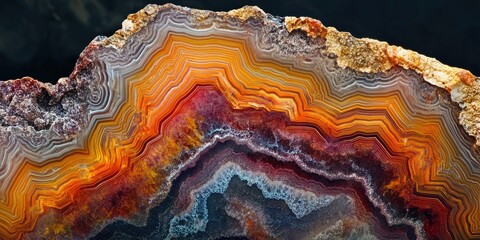 Obraz premium Colorful agate stone cross-section with vibrant orange, red, and gray bands, showcasing intricate patterns and textures against a dark background.