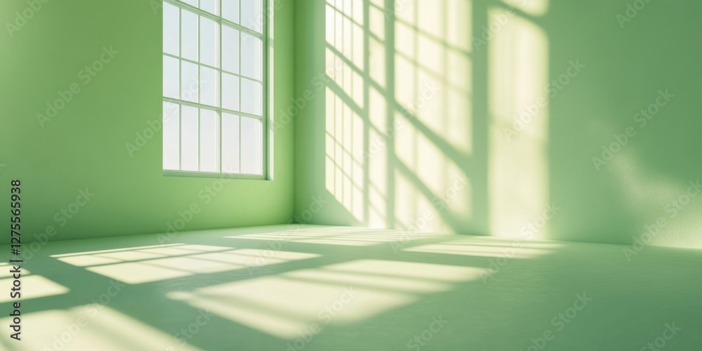 Aufkleber light green empty studio room with large windows casting dynamic light and shadow patterns on the fl