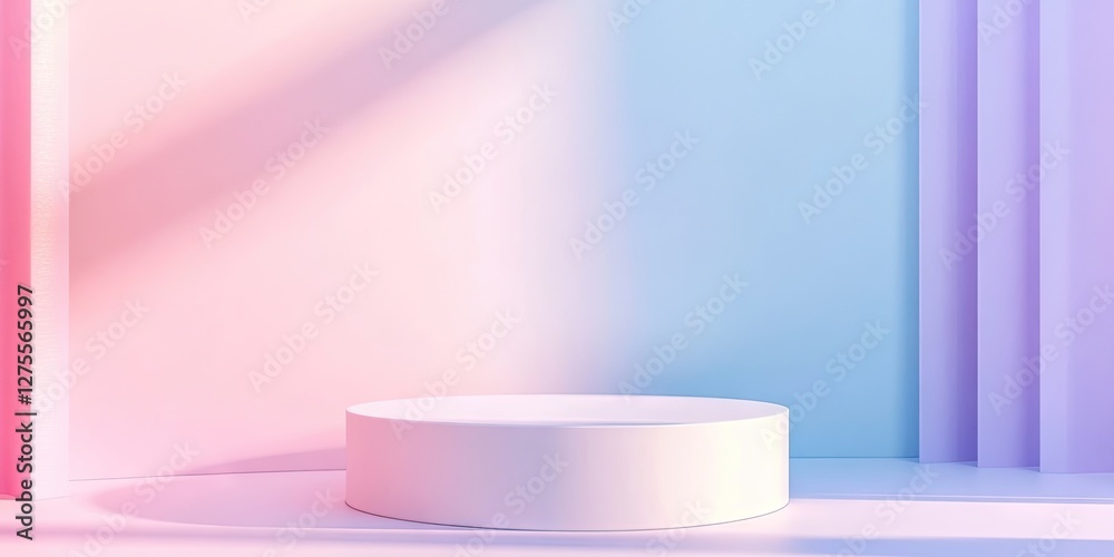 Aufkleber Pastel backdrop with soft pink and blue gradient, featuring a white circular podium in the foreground, illuminated by gentle light.
