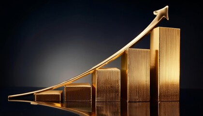 Obraz premium Golden bar chart with upward arrow showing growth.