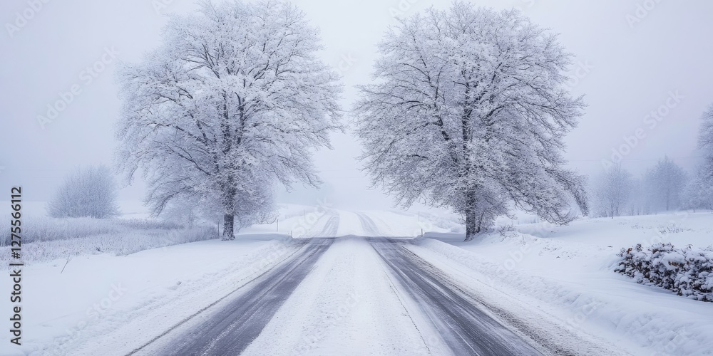 Aufkleber snow-covered road with two frosted trees on either side, creating a serene winter scene, soft gray a