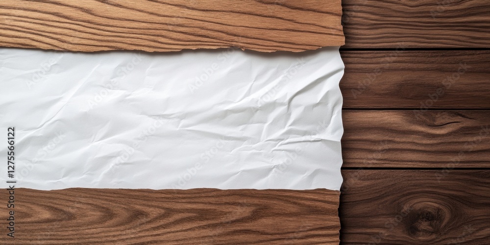 Poster textured wooden surface with elegant wavy white paper laid across, creating a contrast between warm 