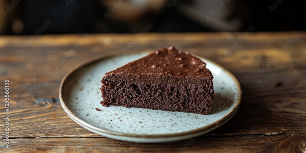 Poster deliciously rich chocolate cake slice on a rustic speckled plate set against a warm wooden backgroun