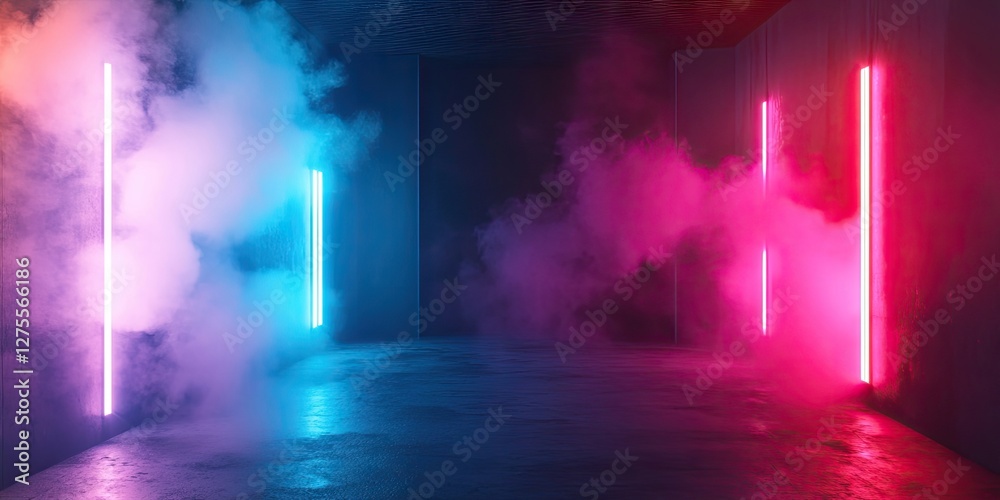 Aufkleber dimly lit chamber with neon lights in blue and pink illuminating smoke, creating a soft glow on unoc
