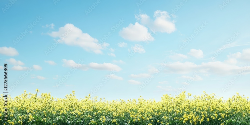 Aufkleber vibrant yellow rapeseed field under a clear blue sky with scattered clouds stretching across the fra