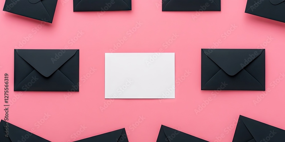 Aufkleber black envelopes surrounding a blank white card on a pink background in a symmetrical layout highligh