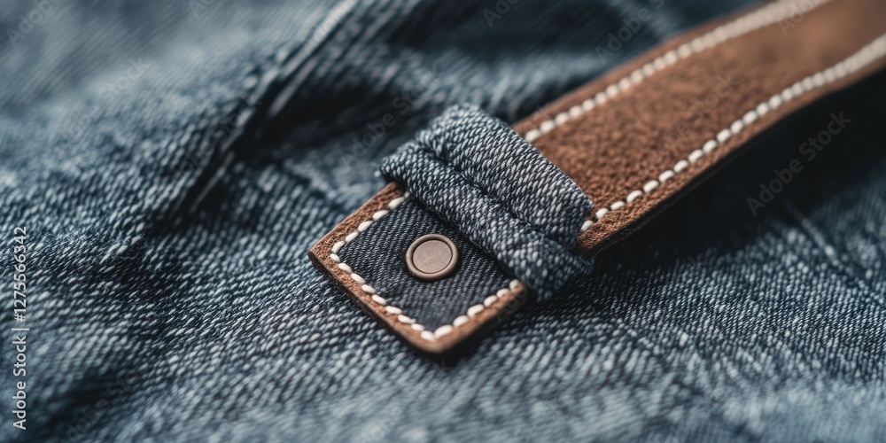 Leinwandbilder close-up view of textured blue denim fabric with brown leather tag and visible stitching details cre