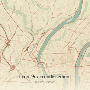 Vintage map of Lyon, 9e arrondissement, France.