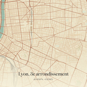 Vintage map of Lyon, 3e arrondissement, France.