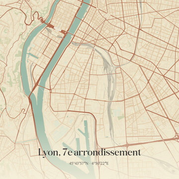 Vintage map of Lyon, 7e arrondissement, France.