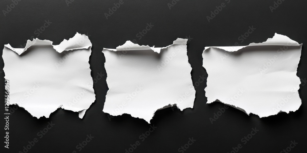 Poster Ripped white paper pieces on black background creating negative space for text entry arranged in a horizontal layout emphasizing contrast and texture